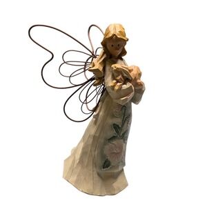 Yours Truly Wood Look Angel With Wire Wings Holding Bunny In Floral Dress. #03